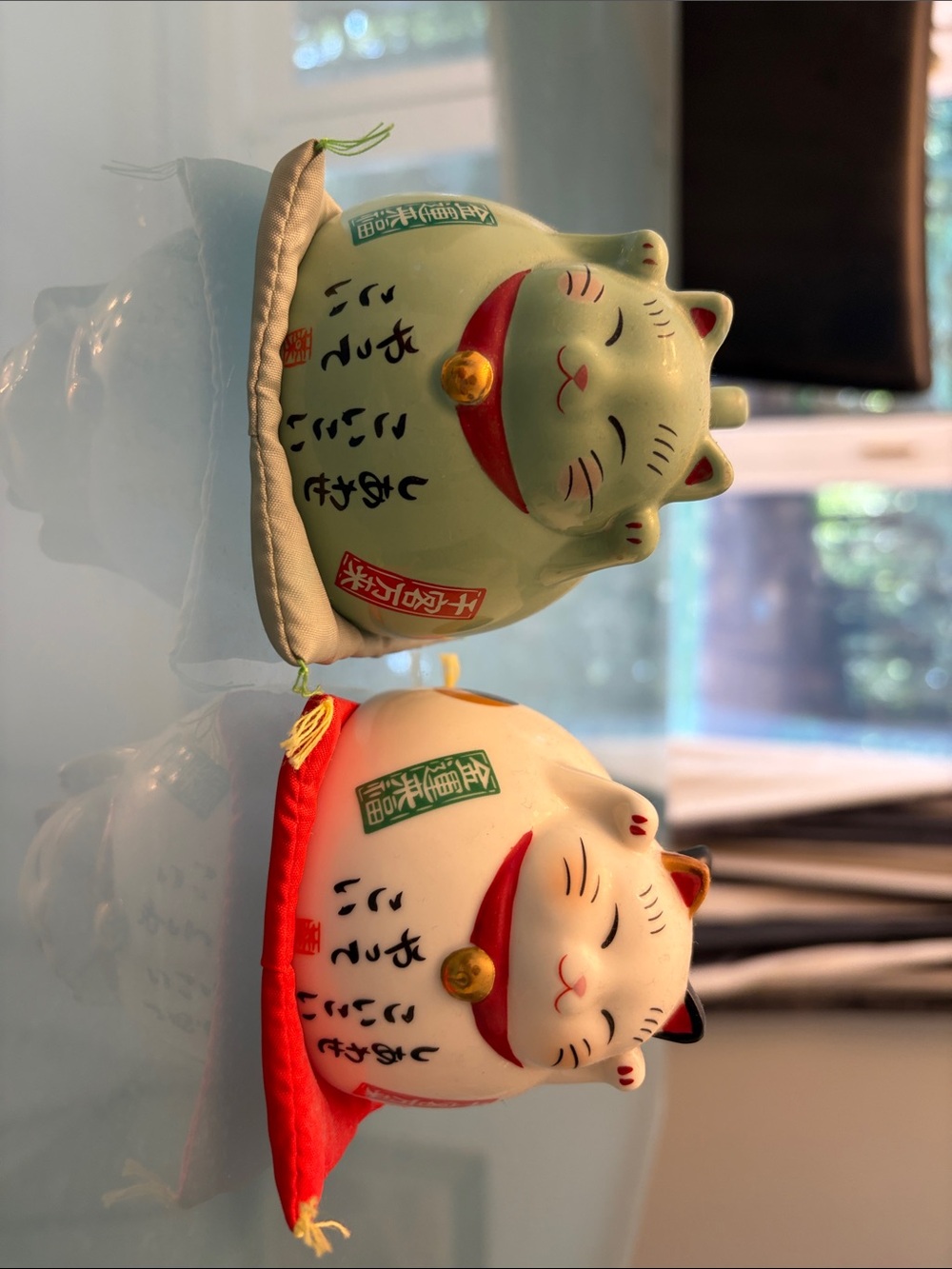 Set of 2 Maneki Neko Lucky Cat Figurines - Green & White